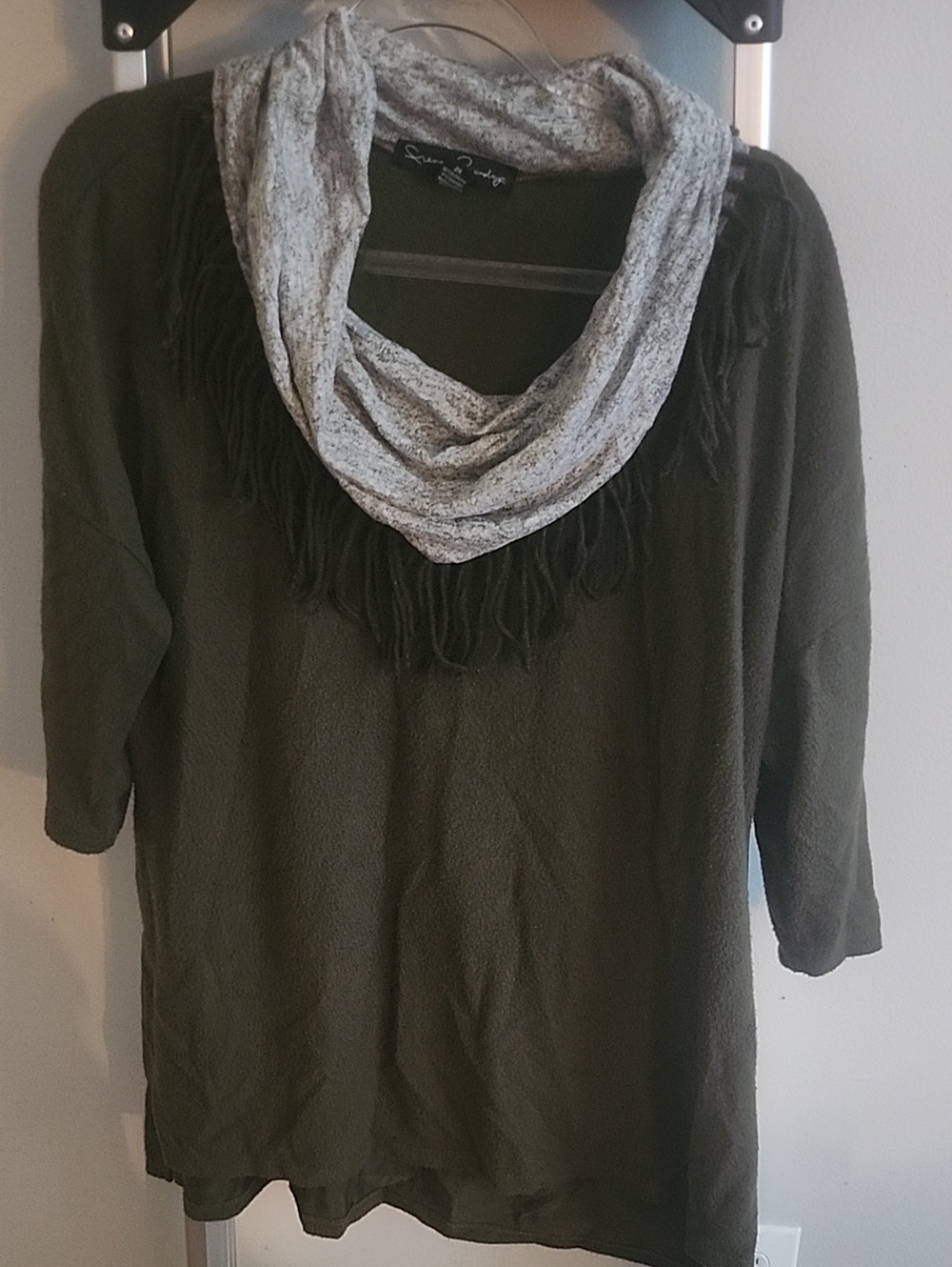 Olive Green Fringe-Trim Sweater with Gray Infinity Scarf